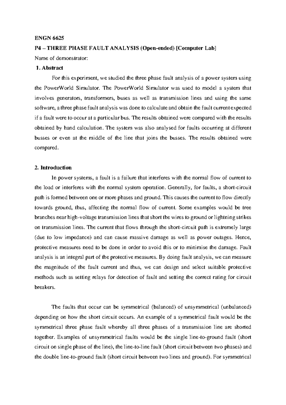 ENGN 6625 Final Lab Report: Three Phase Fault Analysis Using PowerWorld ...