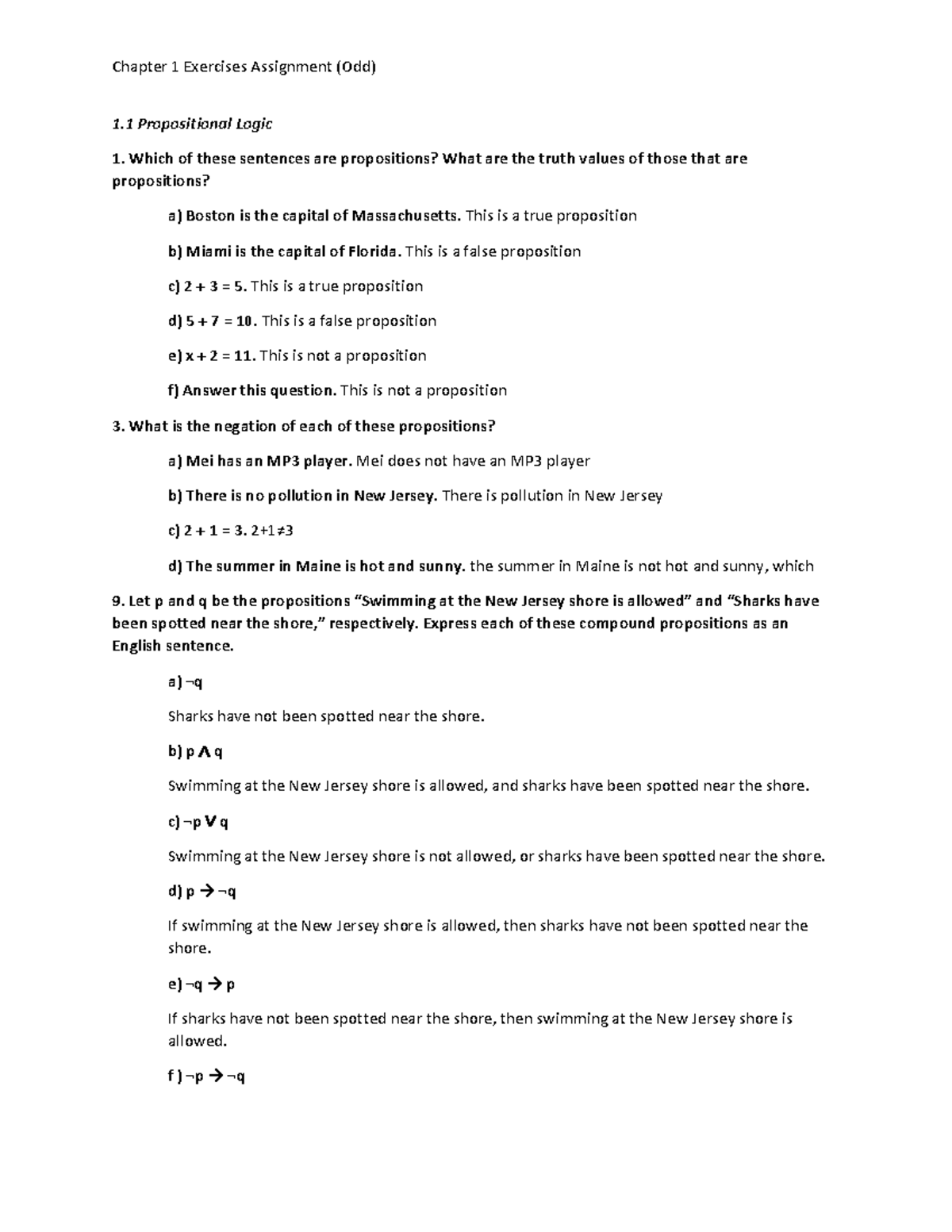 Discrete Math Chapter 1 Exercises Assignment (Odd) - 1 Propositional ...