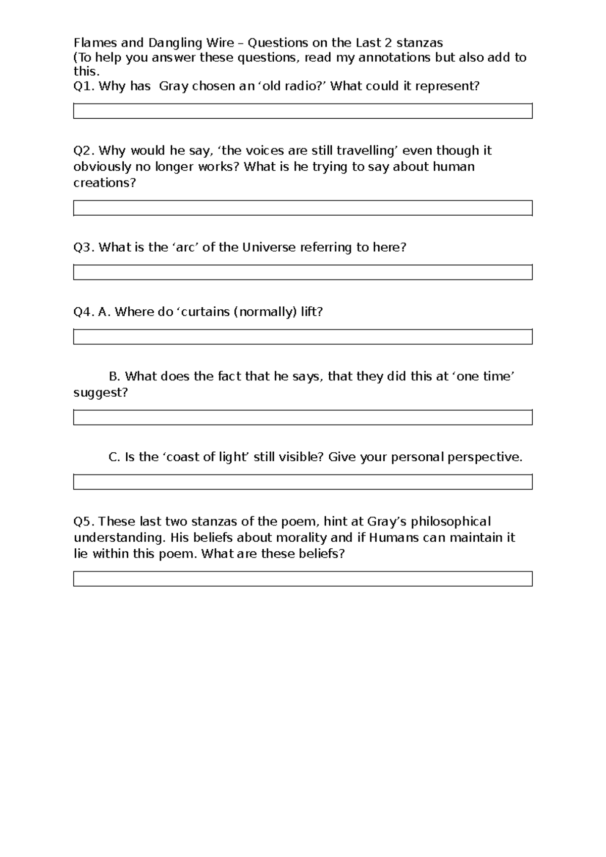 Questions on the Last 2 Stanzas of Flames and Dangling Wire - Studocu