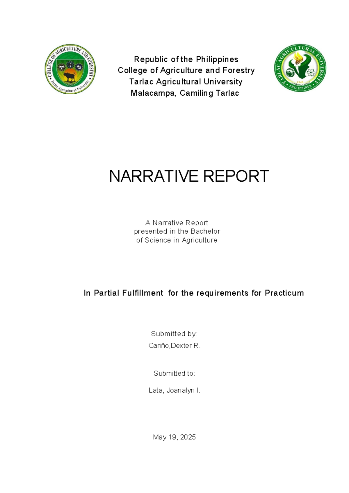 Practicum Narrative Report (BS Agriculture) - Tarlac Agricultural ...