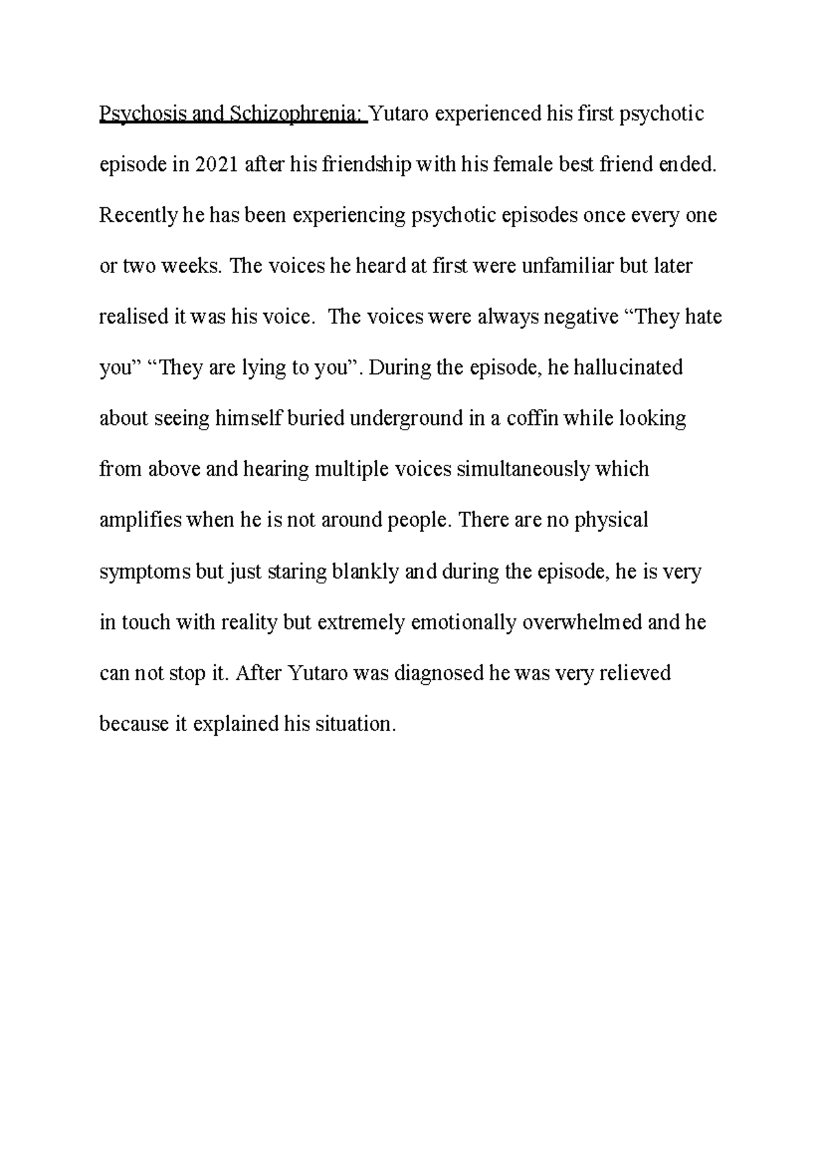 Psychosis and Schizophrenia: A Case Study of Yutaro's Experience - Studocu
