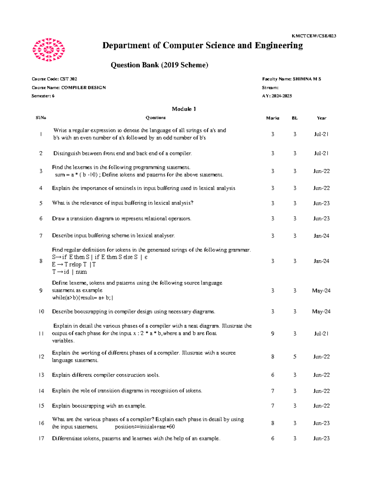 CST 302 Question Bank: Compiler Design Practice Questions - Studocu