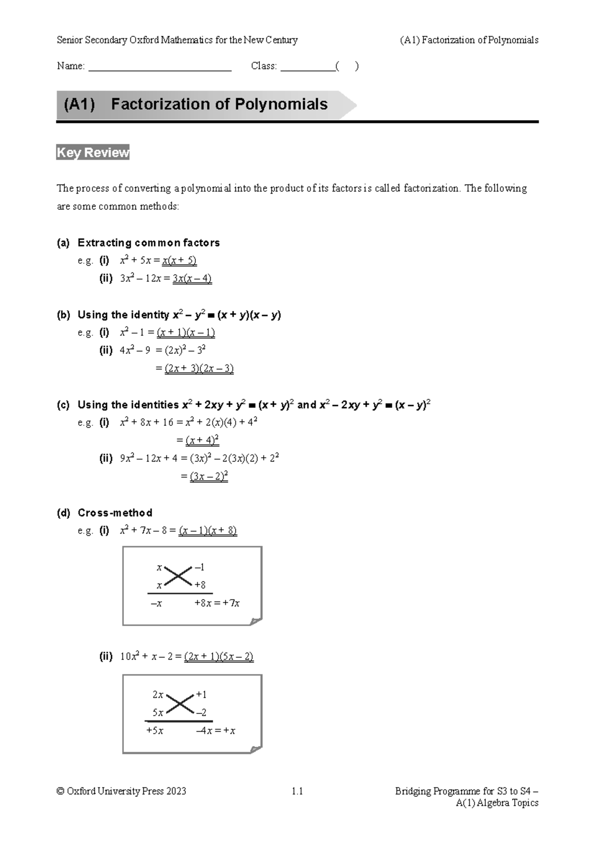 Senior Secondary Oxford Mathematics (A1) Factorization Problems Review ...