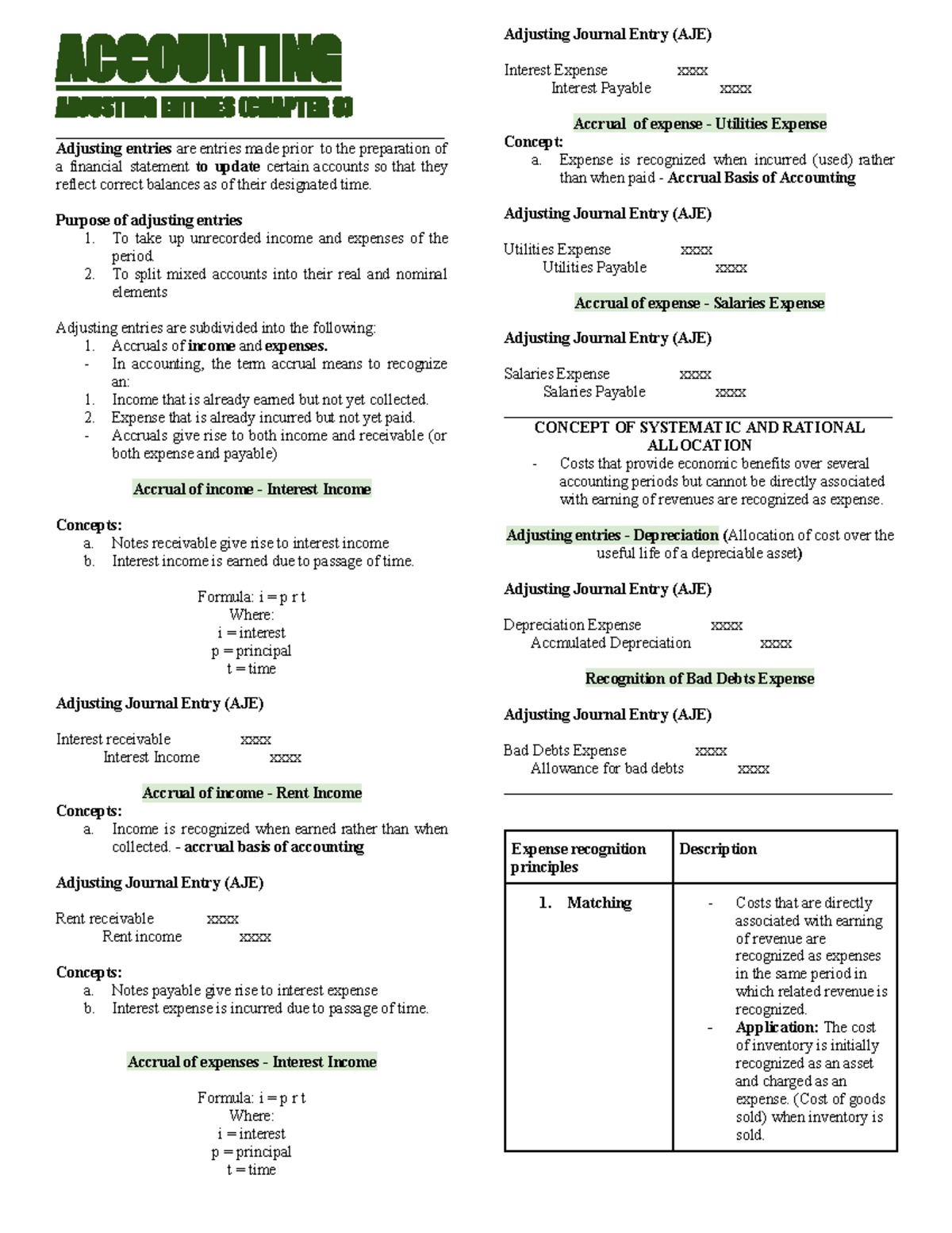 Accounting-CH8 - Adjusting Entries & Expense Recognition Notes - Studocu