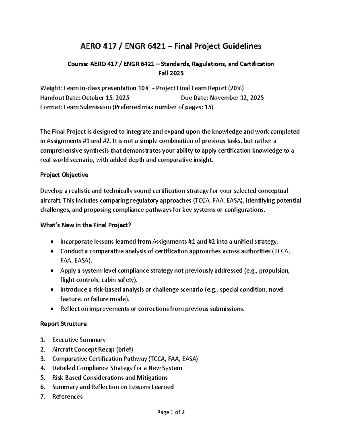 AERO 417 ENGR 6421 Final Project Guidelines and Requirements - Studocu