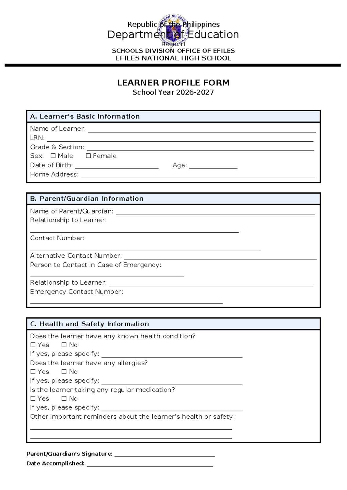 Learner Profile Form - Republic of the Philippines - SY 2023-2024 - Studocu