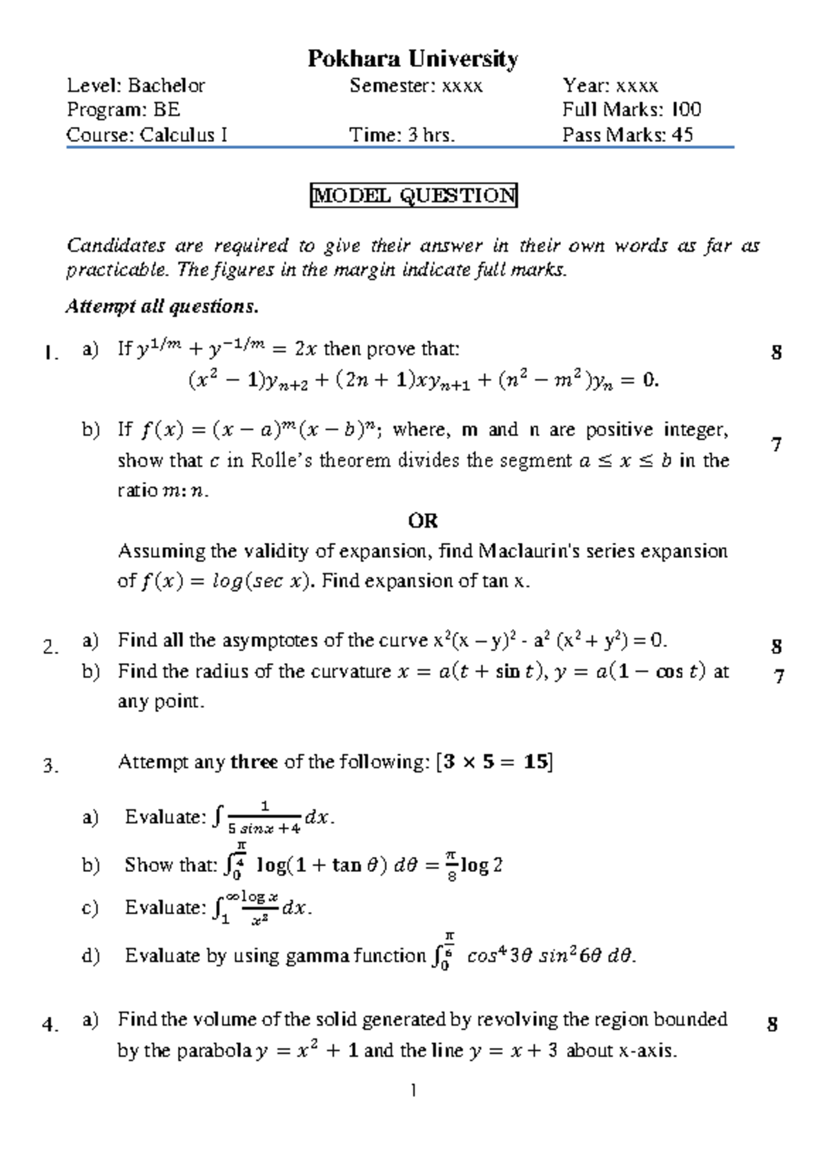 Calculus I (BE) Model Question Paper 2023 - Pokhara University - Studocu