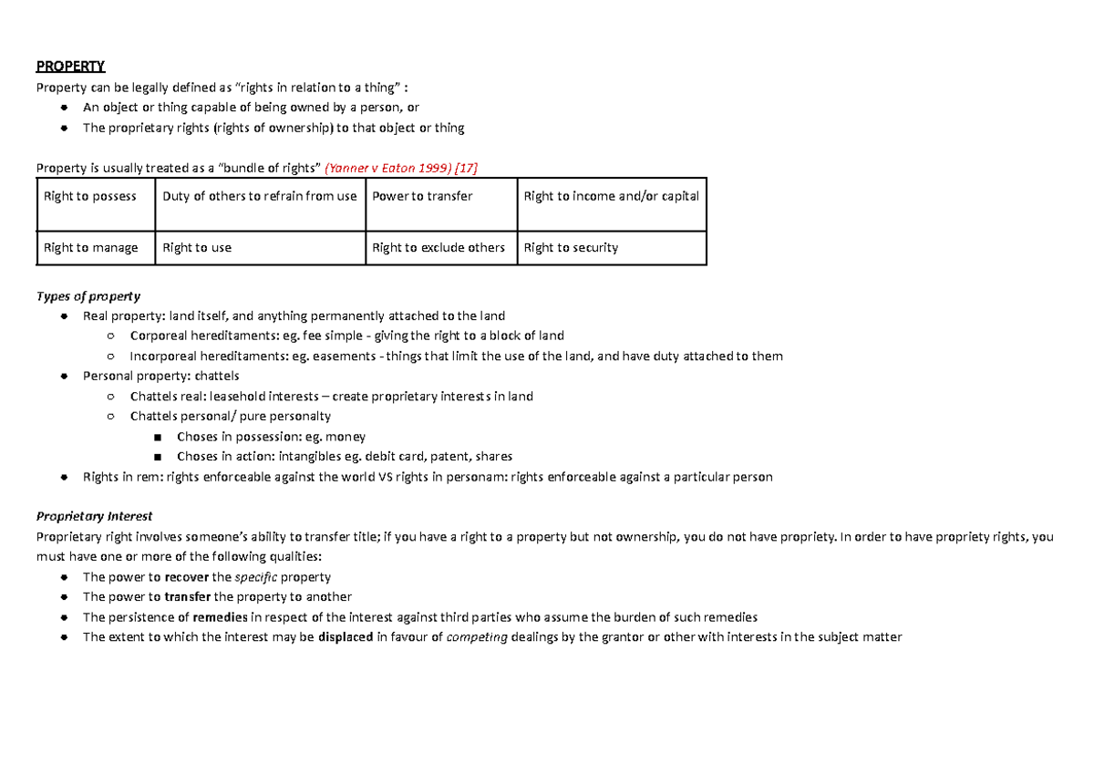 PROPERTY LAW: Final Notes on Ownership and Rights - Studocu