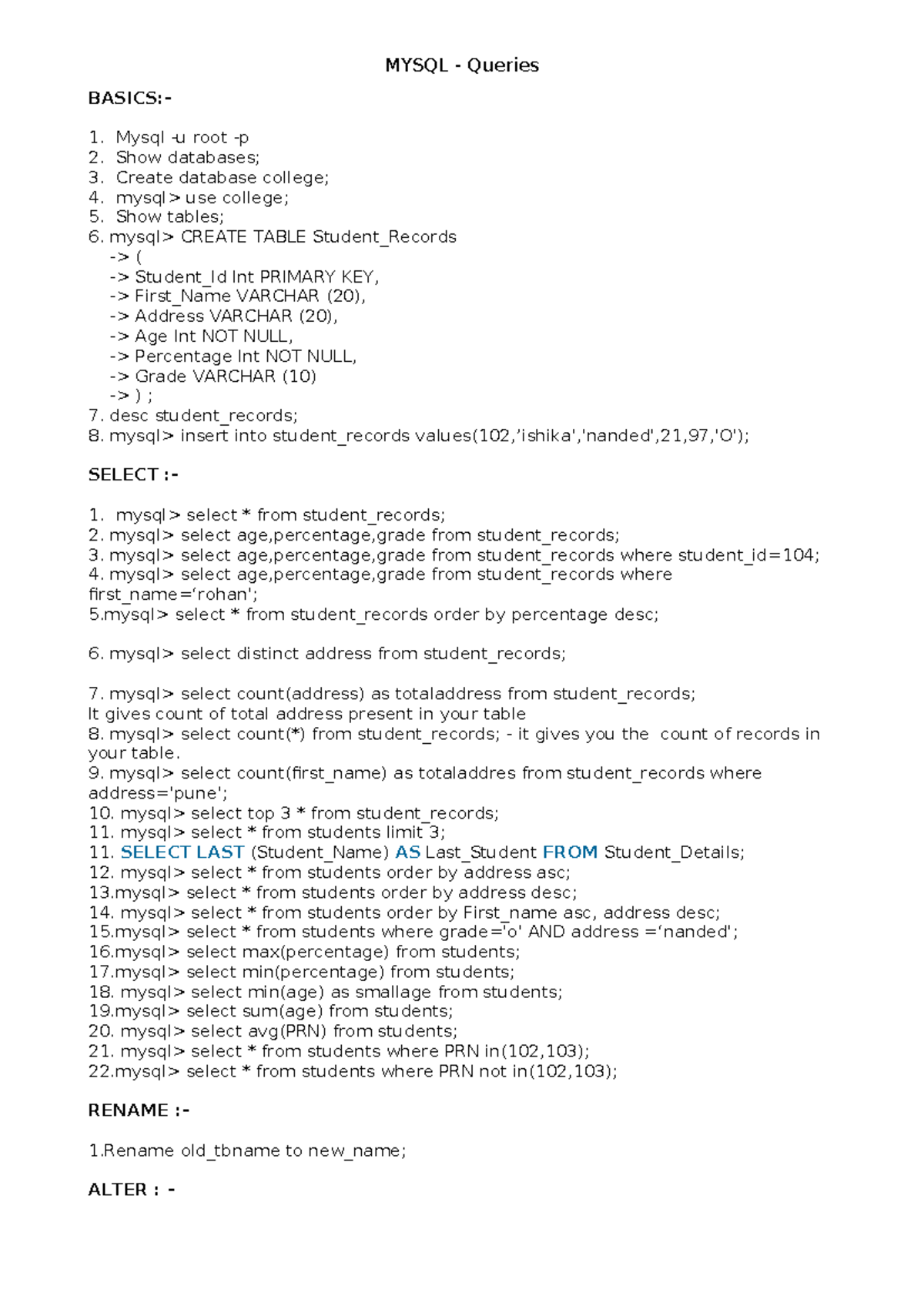 Queries - dbms - MYSQL - Queries BASICS:- Mysql -u root -p Show ...