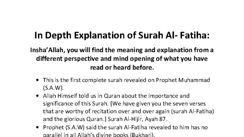 In-Depth Tafseer of Surah Fatiha: Understanding Its Significance - Studocu