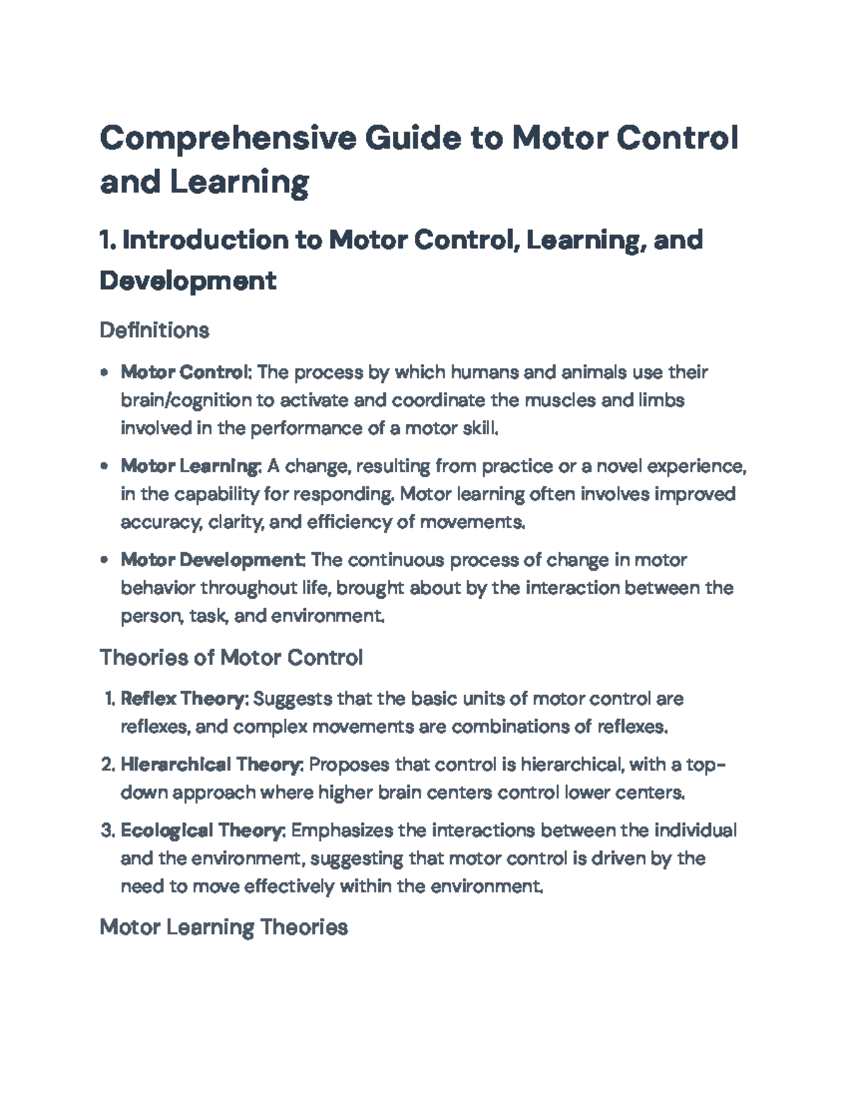 Comprehensive Overview of Motor Control and Learning (Course Code ...