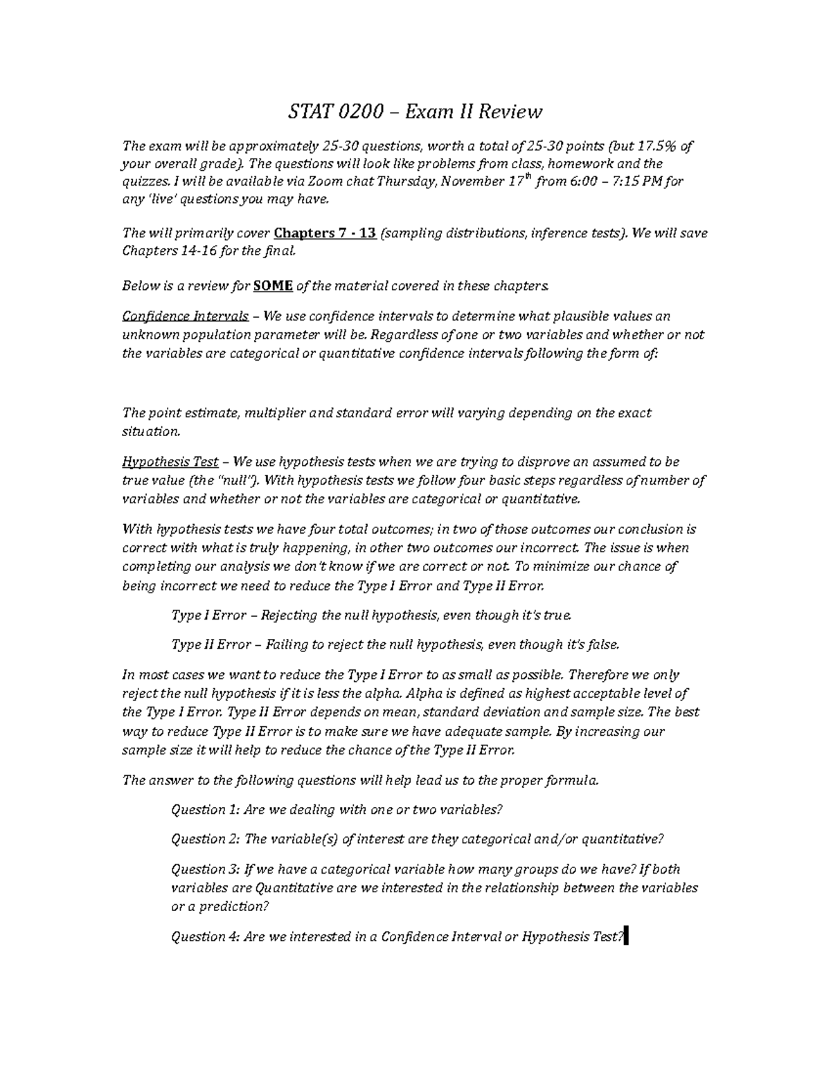 Stat 0200 F2022 Exam II Comprehensive Review Guide - Studocu