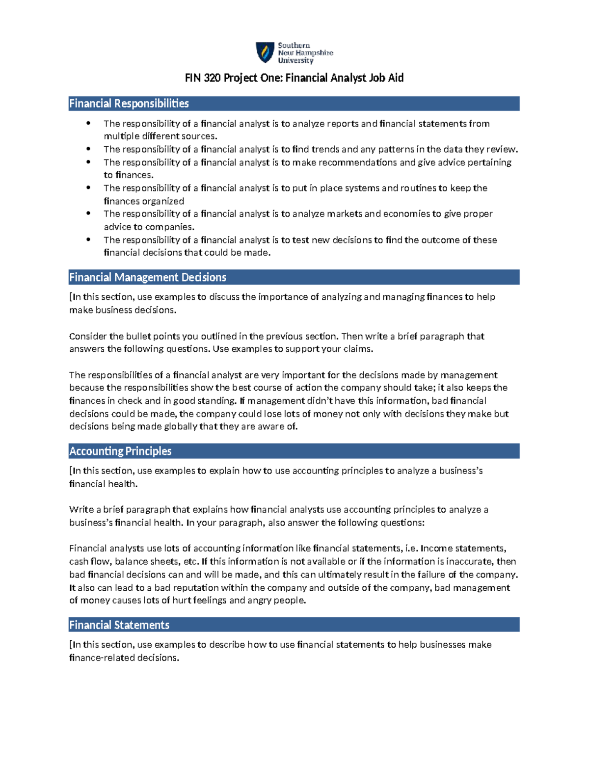 FIN 320 Project One Financial Analyst Job Aid - The responsibility of a ...