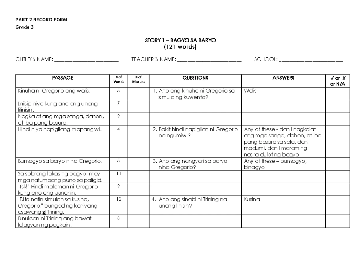 Grade 3 Reading Fluency & Comprehension Assessment Sheet - Studocu