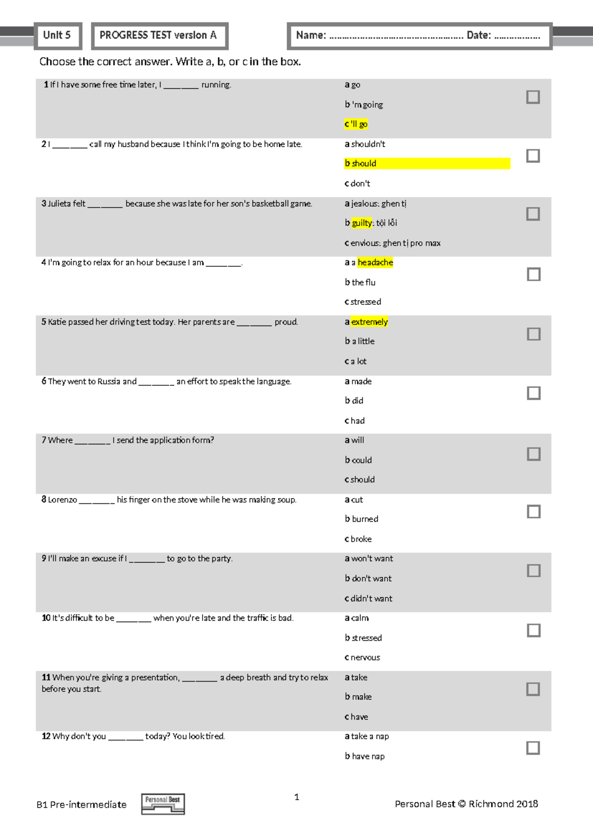 PB Am E B1 Unit Test U5 Progress Test Version A - Studocu