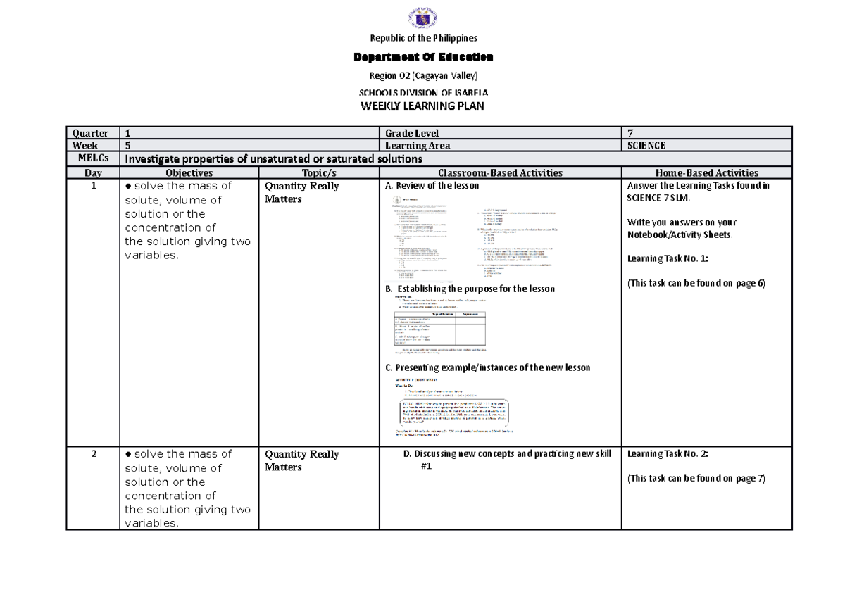 WLP Q1 W6 G7- Science - math - WEEKLY LEARNING PLAN Quarter 1 Grade ...