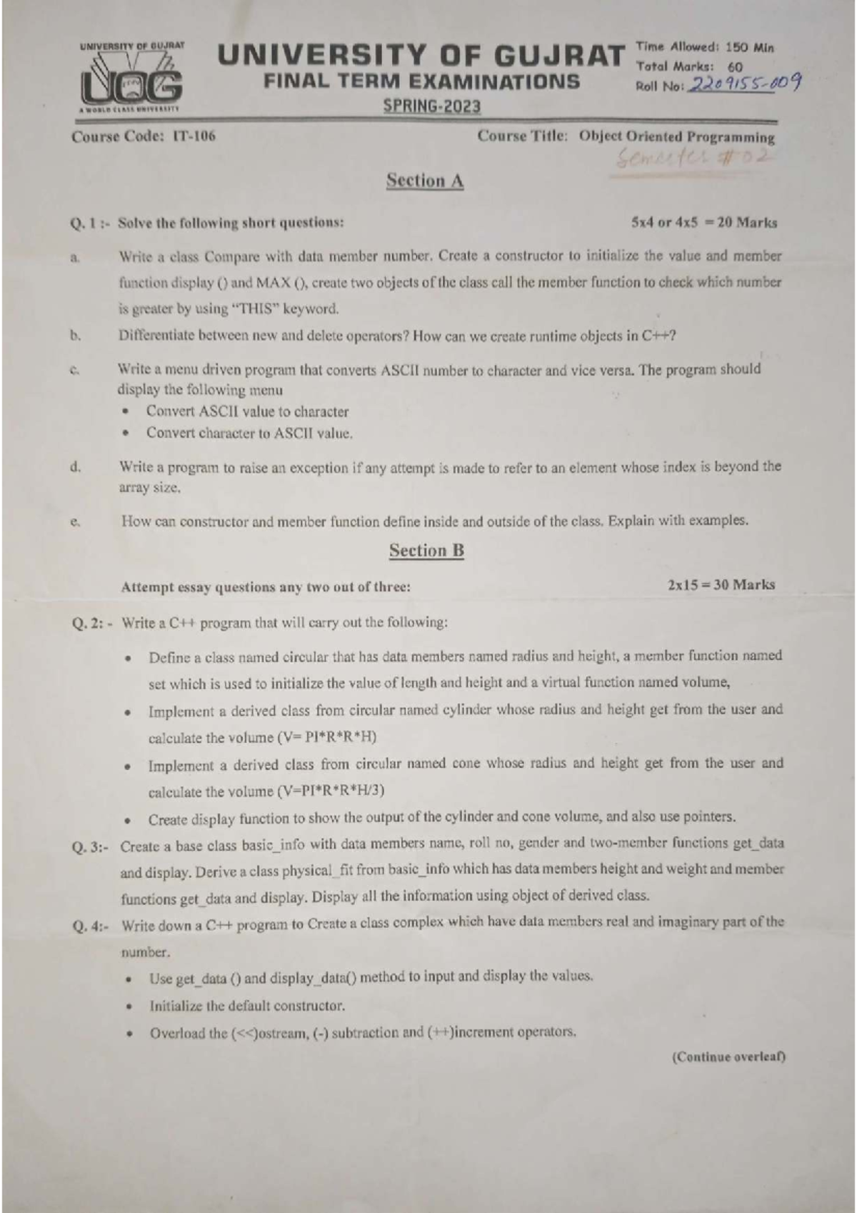 UOG Final Term Exam Papers: Object Oriented Programming, Software ...