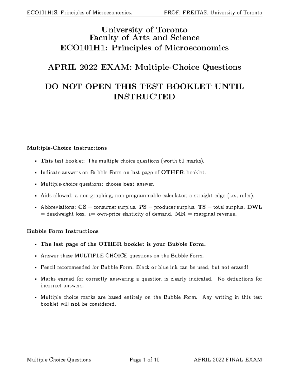 ECO101 Winter 2022 Final Multiple Choice Questions - University of ...