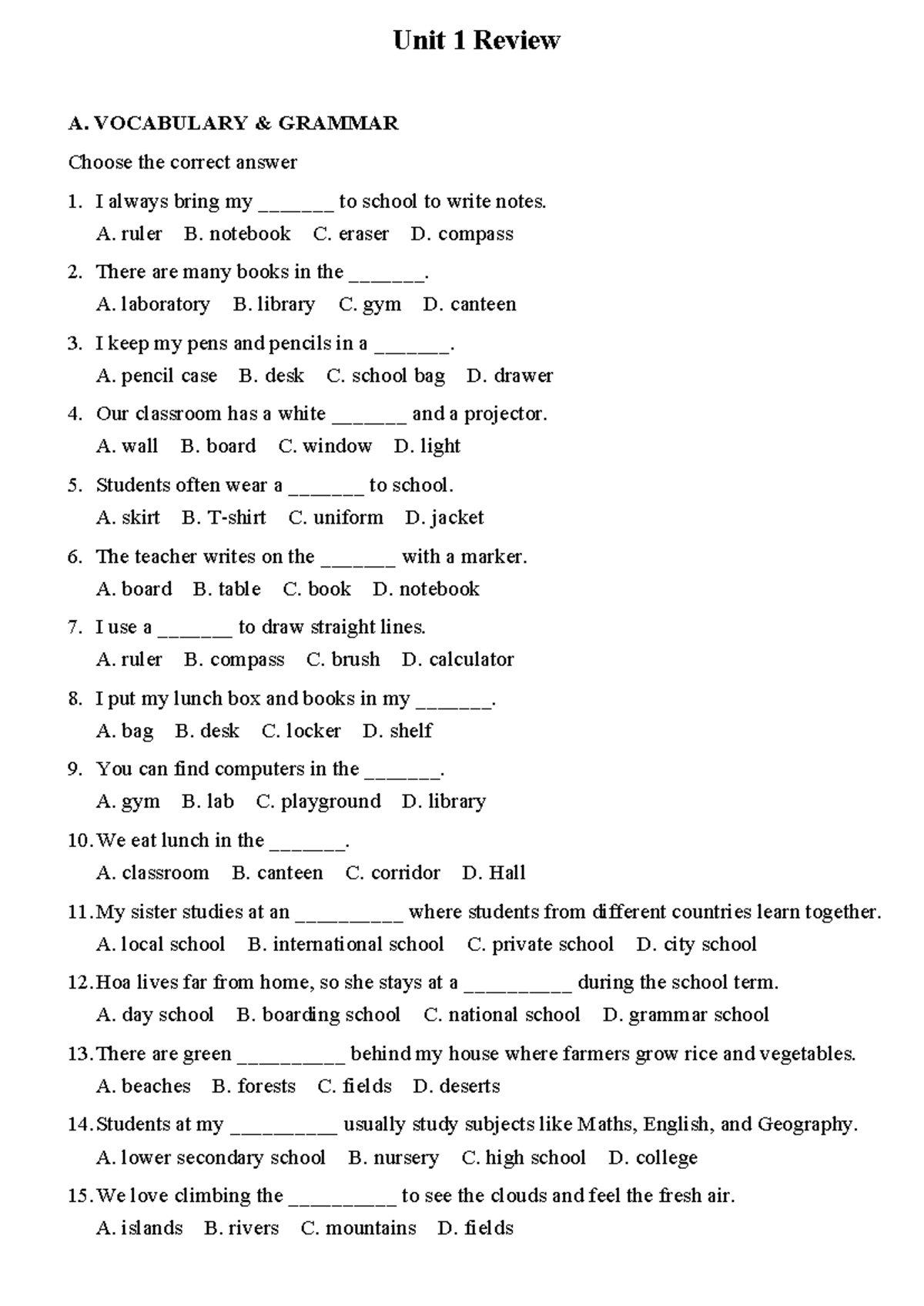 Unit 1 Review - Vocabulary & Grammar Practice (EDU 101) - Studocu