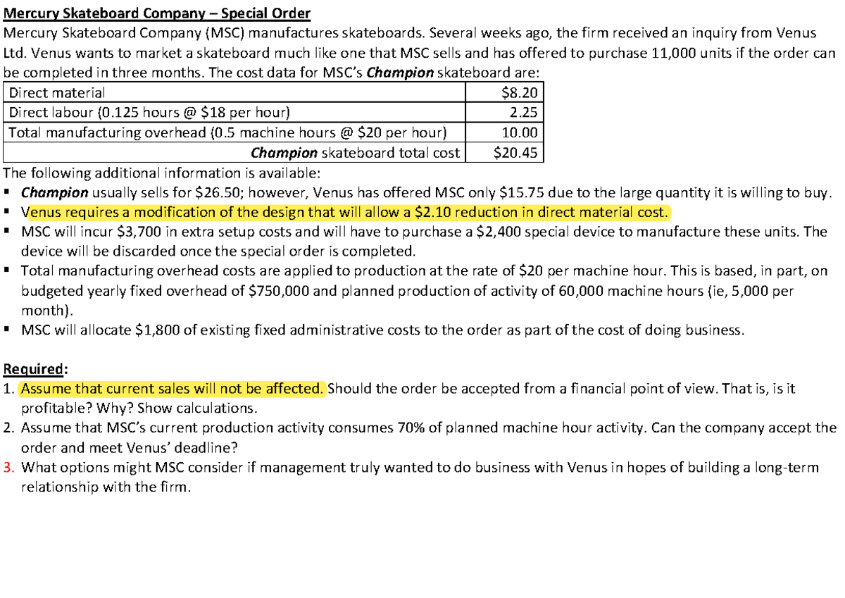 MSC Special Order Analysis for Venus Ltd: Profitability & Feasibility ...