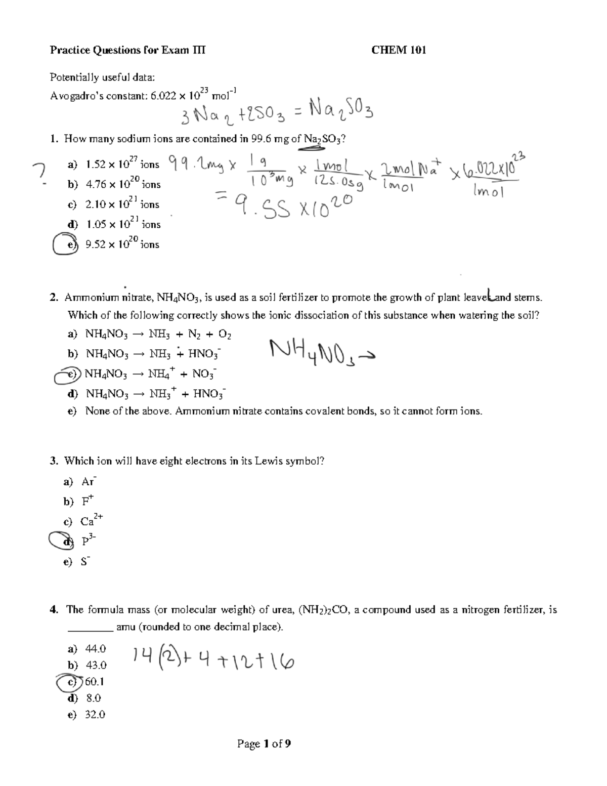 Practice Questions for Exam CHEM 101 F24 - Studocu