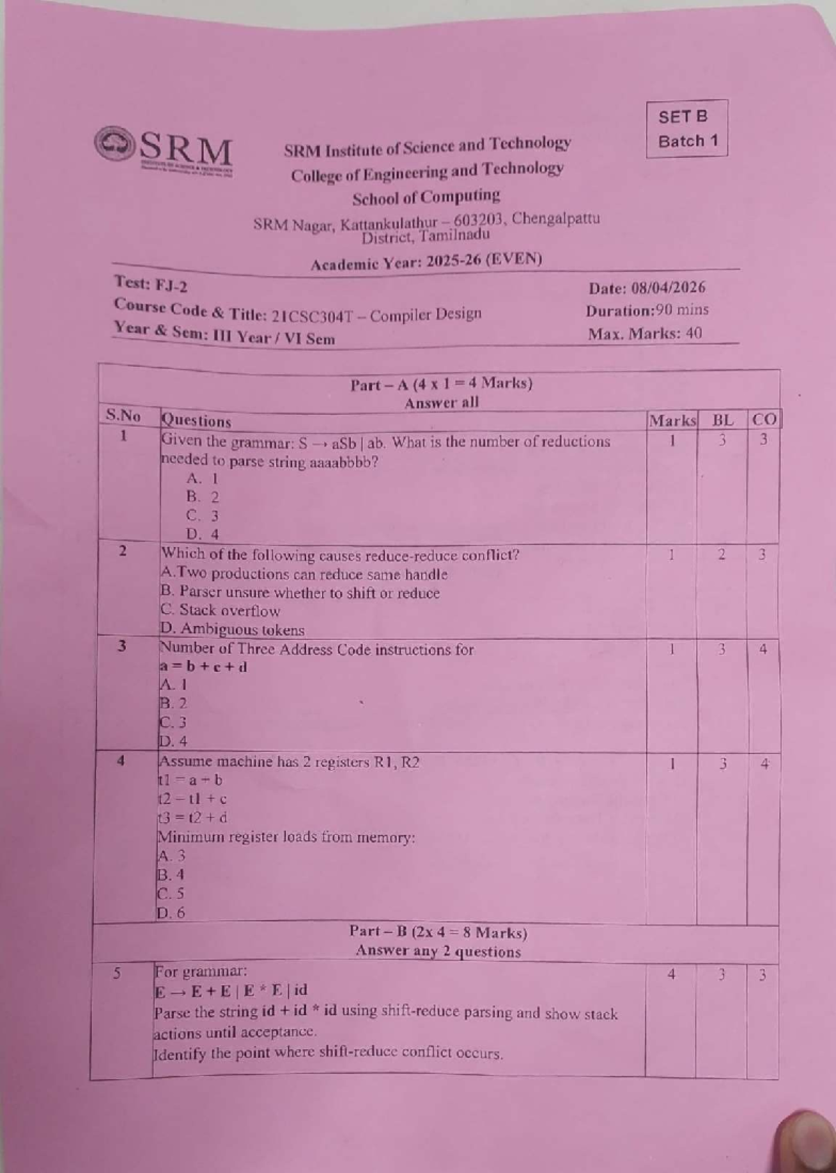 21CSC304T Compiler Design CT2 Test - Batch 1 (EVEN Sem) - Studocu