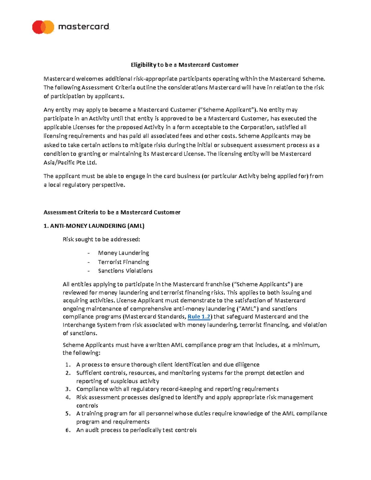 Eligibility Criteria for Mastercard Customers: AML & Data Security ...