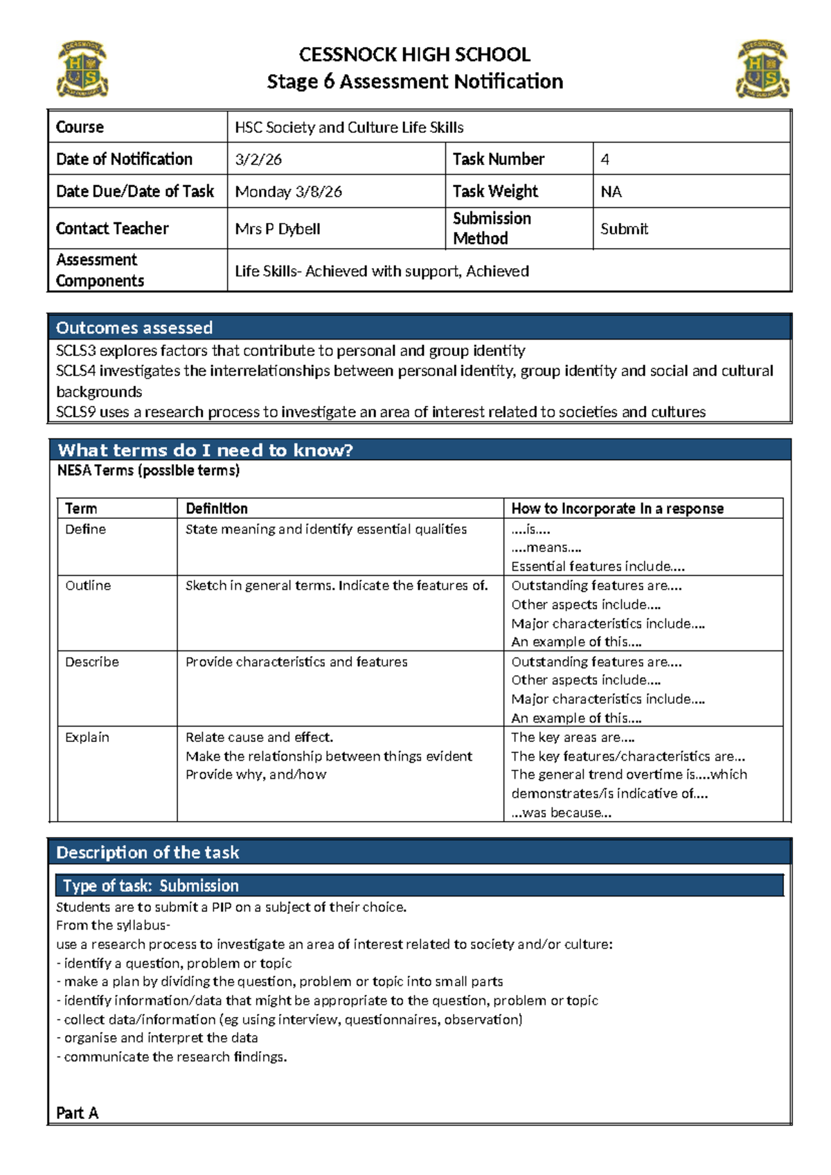 CHS Stage 6 Life Skills PIP Assessment Guide and Requirements - Studocu