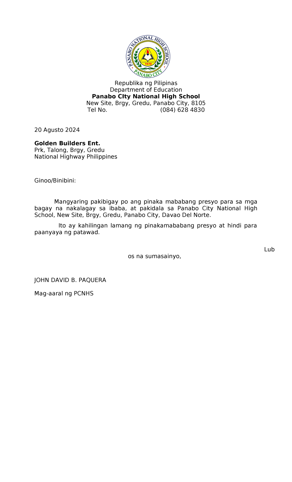 Canvass letter - G12 Filipino sa piling larang - Republika ng Pilipinas ...