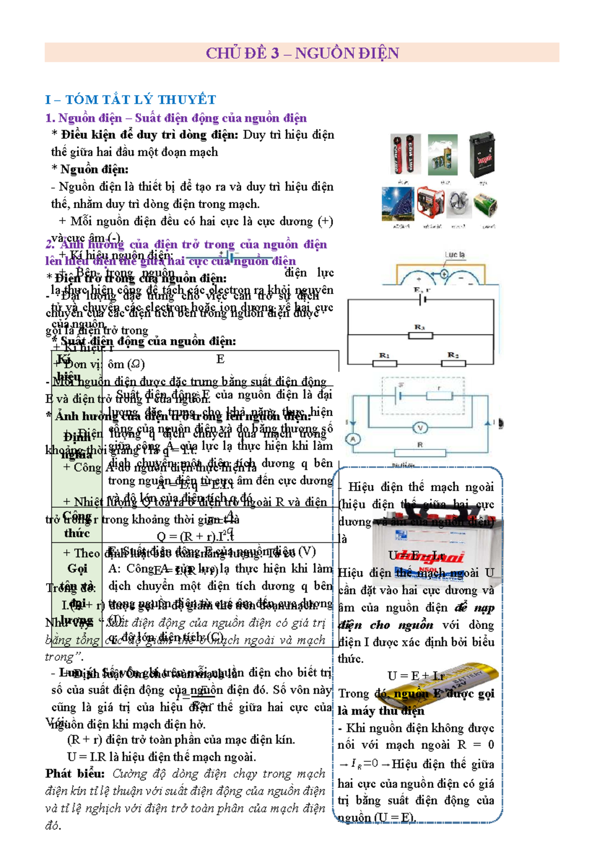 Chủ đề 3 - NGUỒN ĐIỆN: Điều kiện và Đặc điểm Suất Điện Động - Studocu