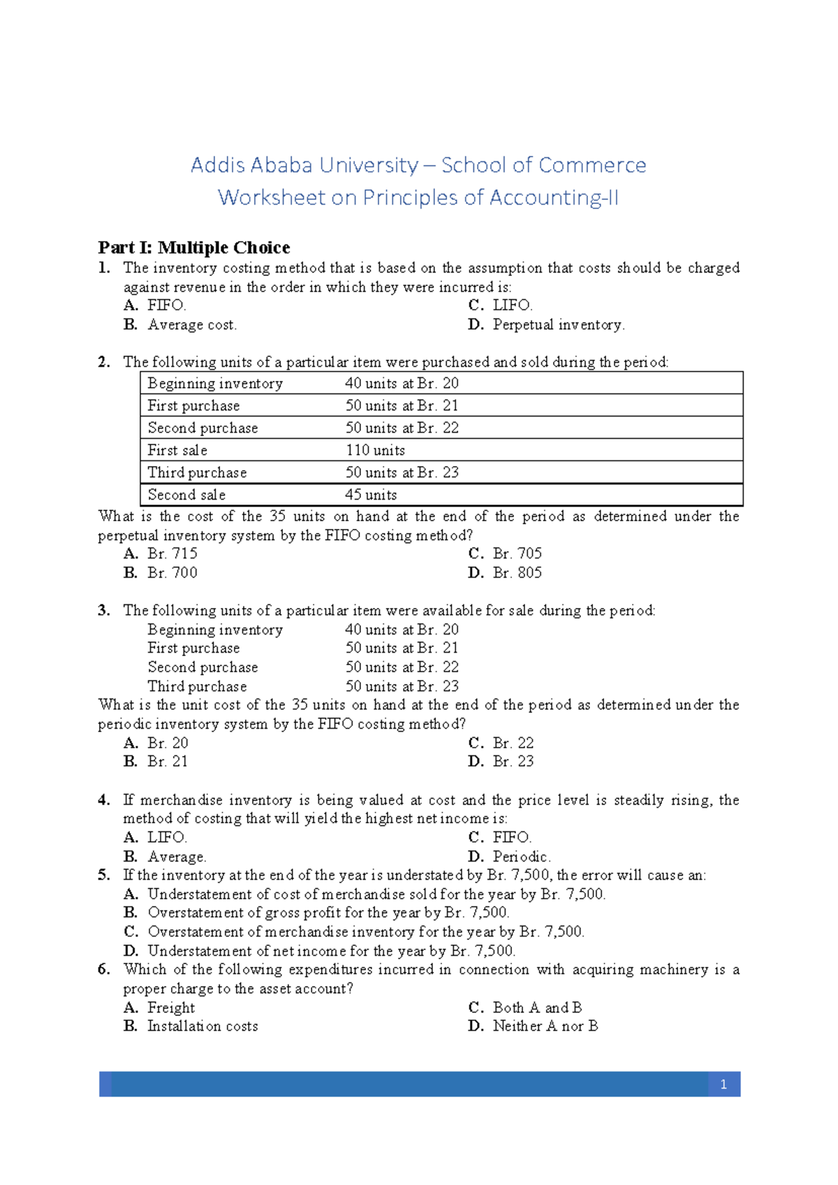 AAU Accounting-II Worksheet: Principles & Inventory Costing Methods ...