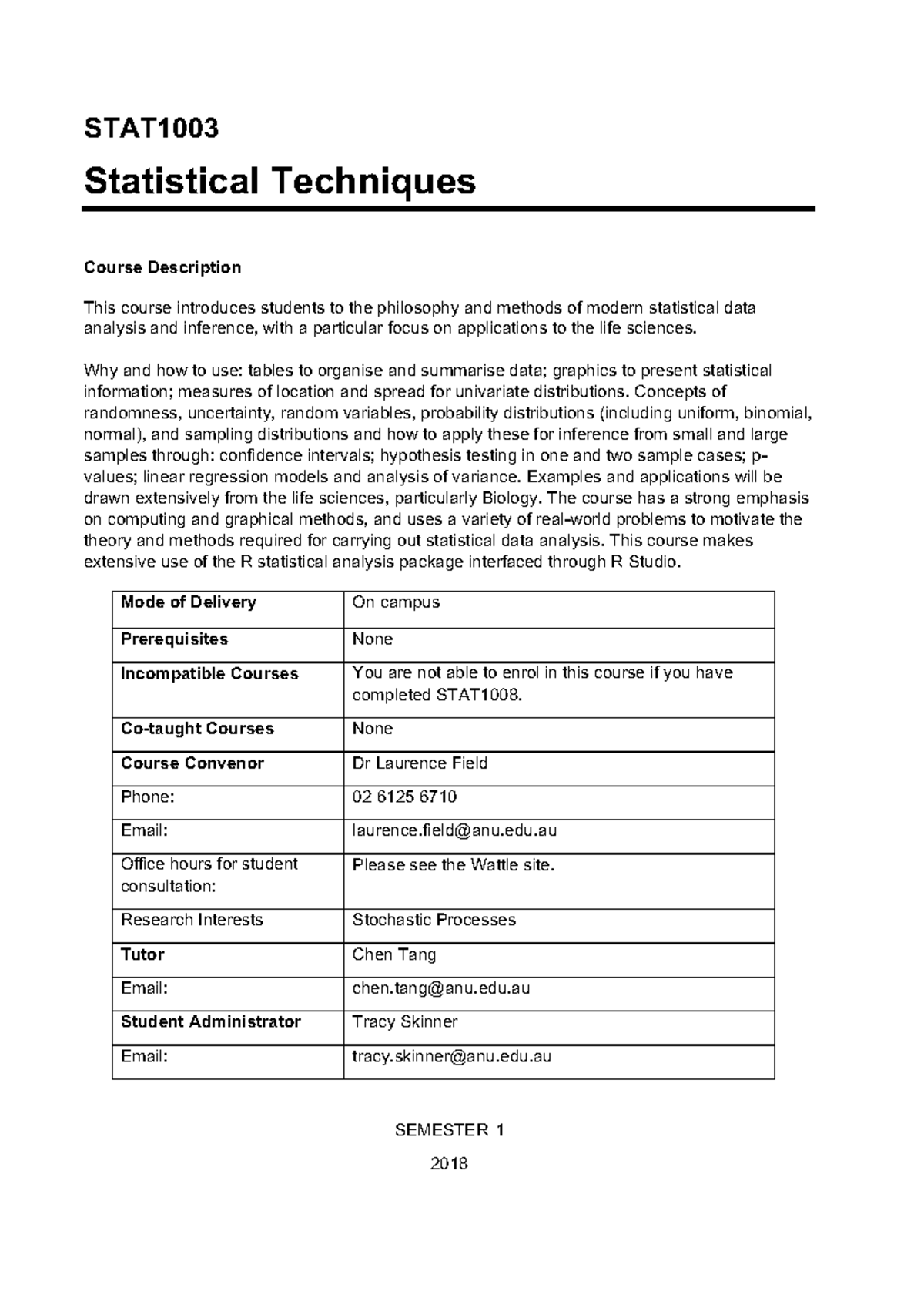 STAT1003 - Comprehensive Course Outline for Statistical Techniques ...