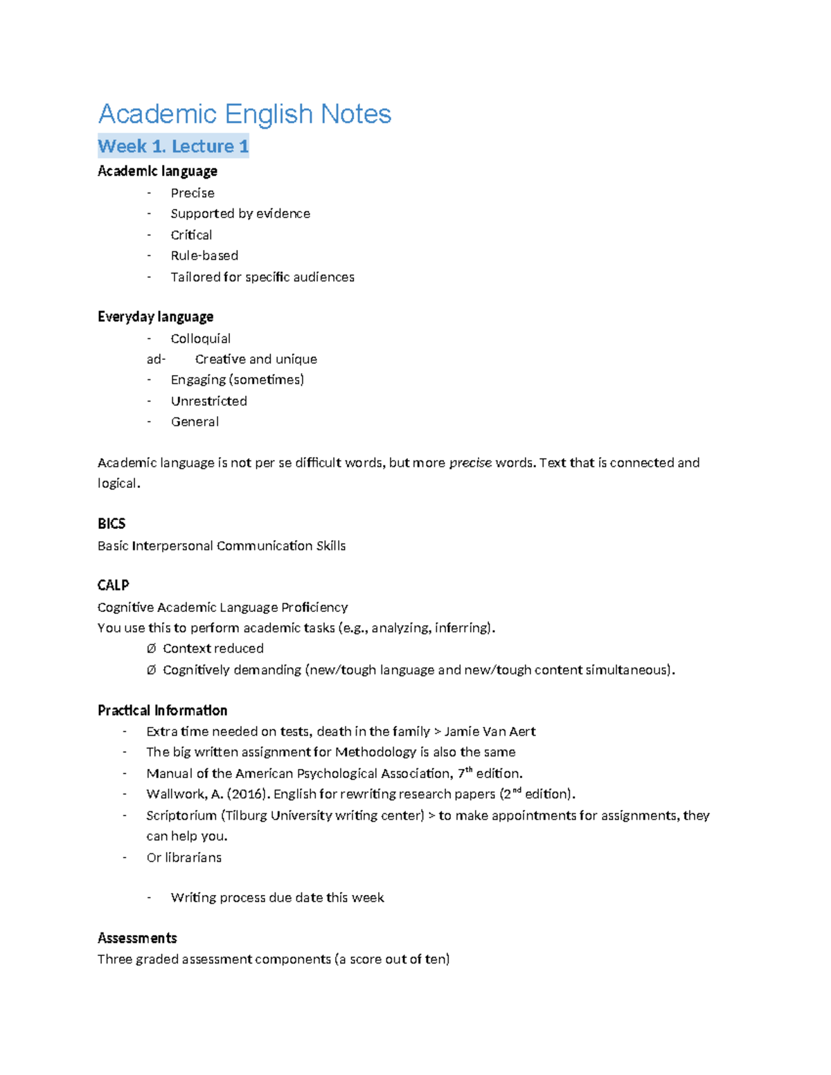 Academic English Notes Summary Lectures (AE 101) - Studeersnel