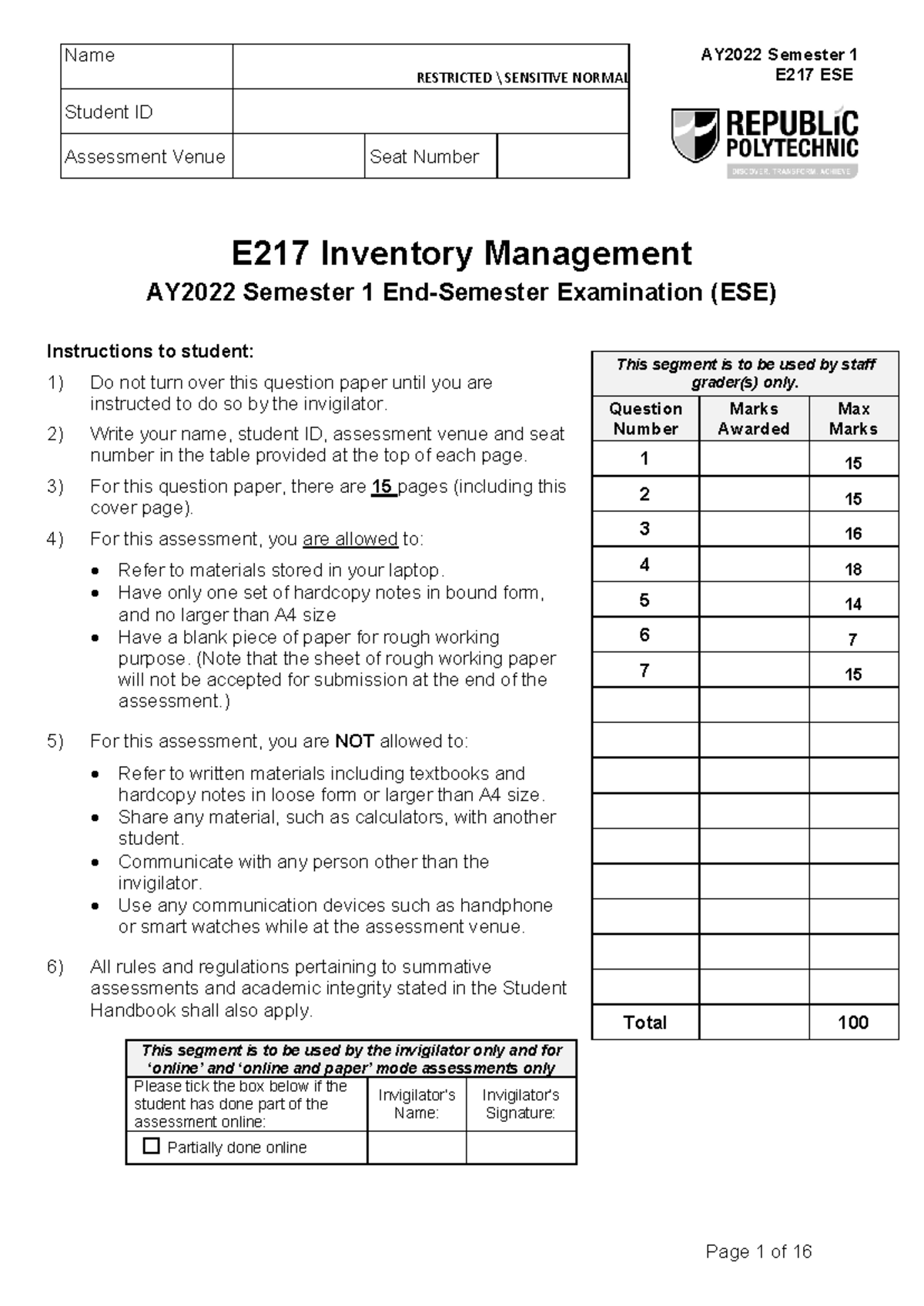 AY2022 Sem 1 E217 Inventory Management Final Assessment Answer Key ...