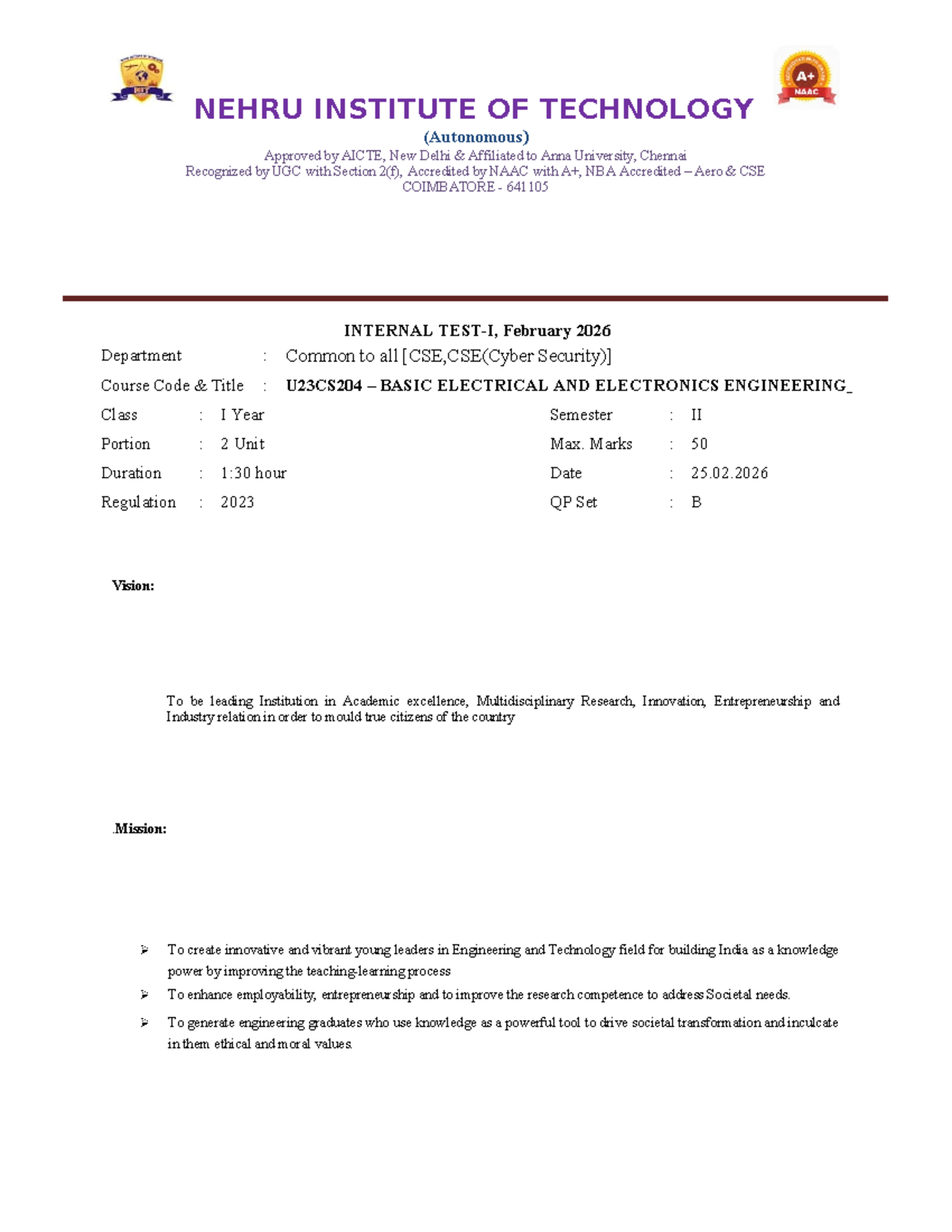 U23CS204 Basic Electrical & Electronics Engg. Internal Test 1 - Set B ...