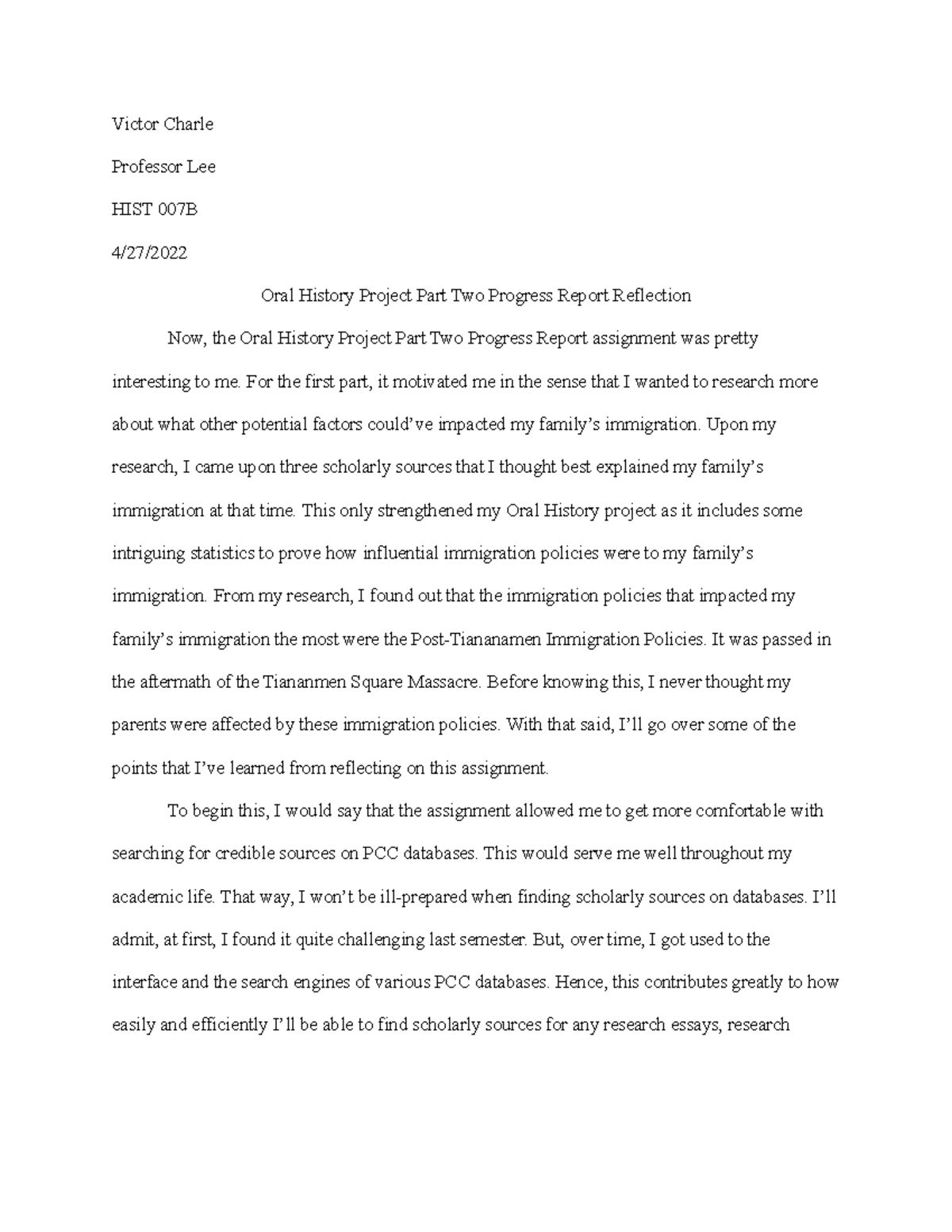 HIST 007B Oral History Project Part Two Reflection & Progress Report ...
