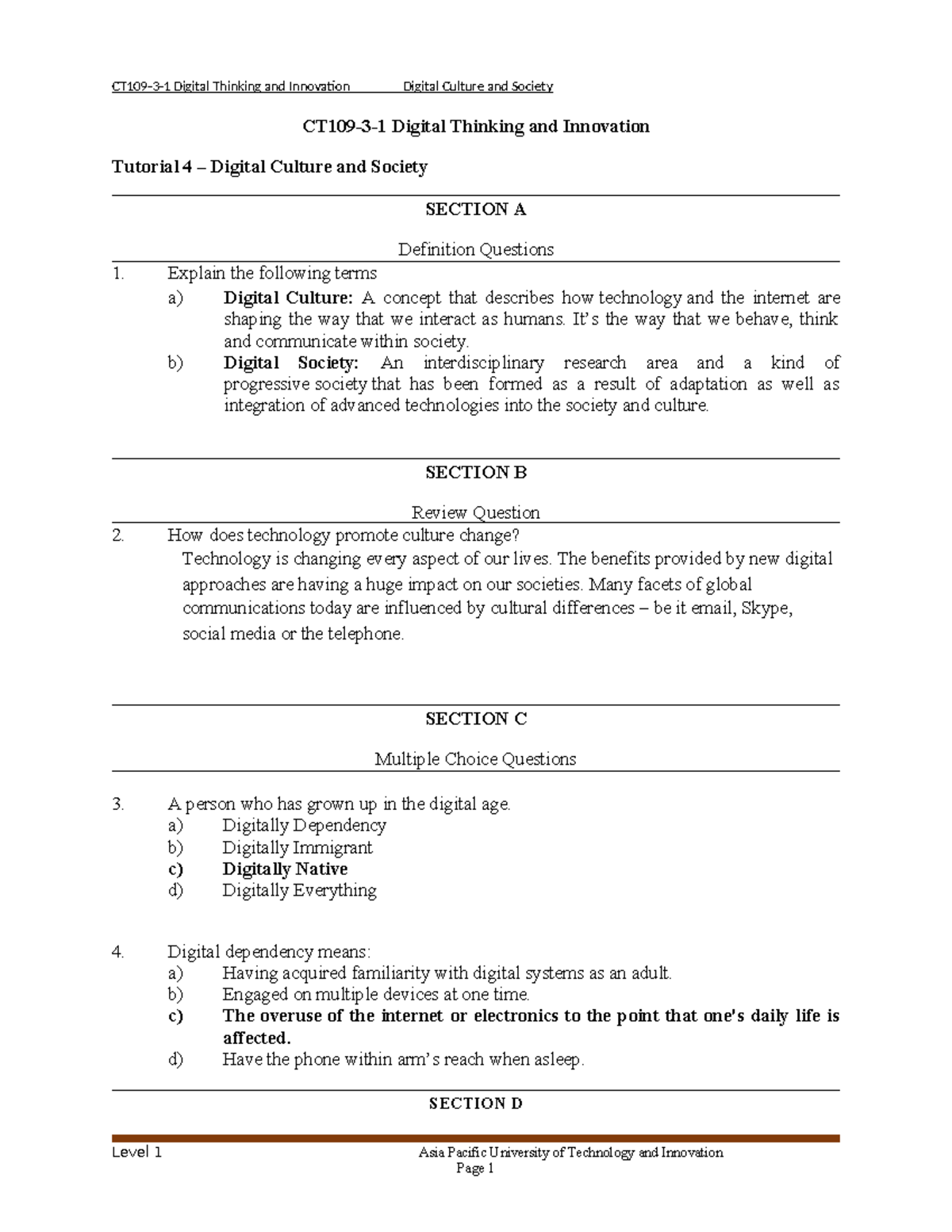 Tutorial 4 Digital Culture and Society - answer 122024 - CT109-3-1 ...