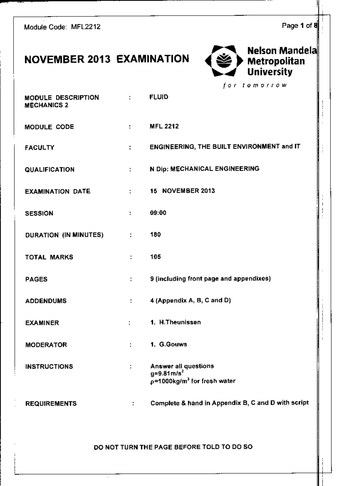 MFL2212 NOV 2013 Fluid Mechanics 2 Past Exam Paper - Studocu