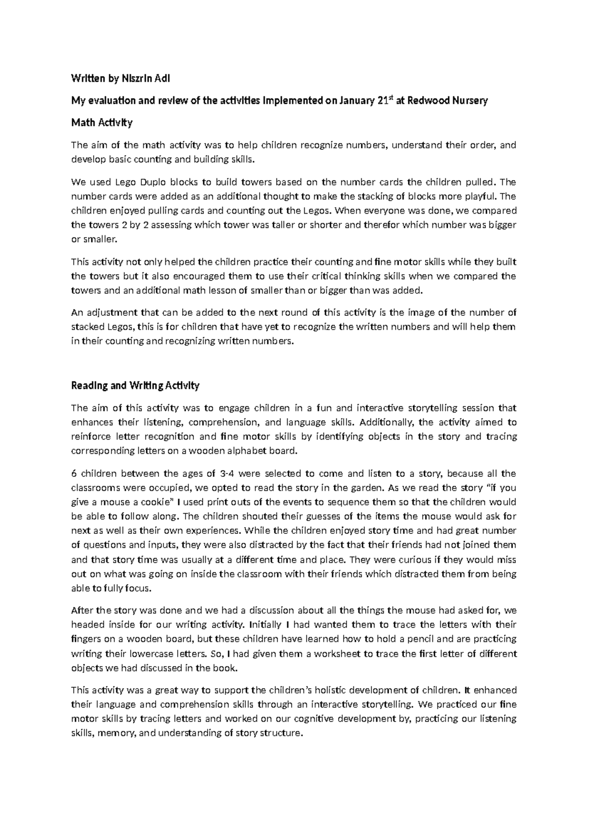 Observation Activities of Math & Reading at Redwood Nursery - Studocu