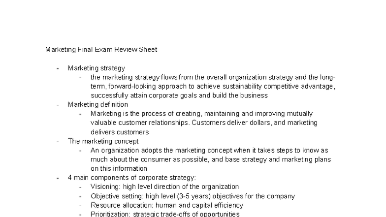 Marketing 101: Final Exam Review Sheet on Key Concepts & Strategies ...