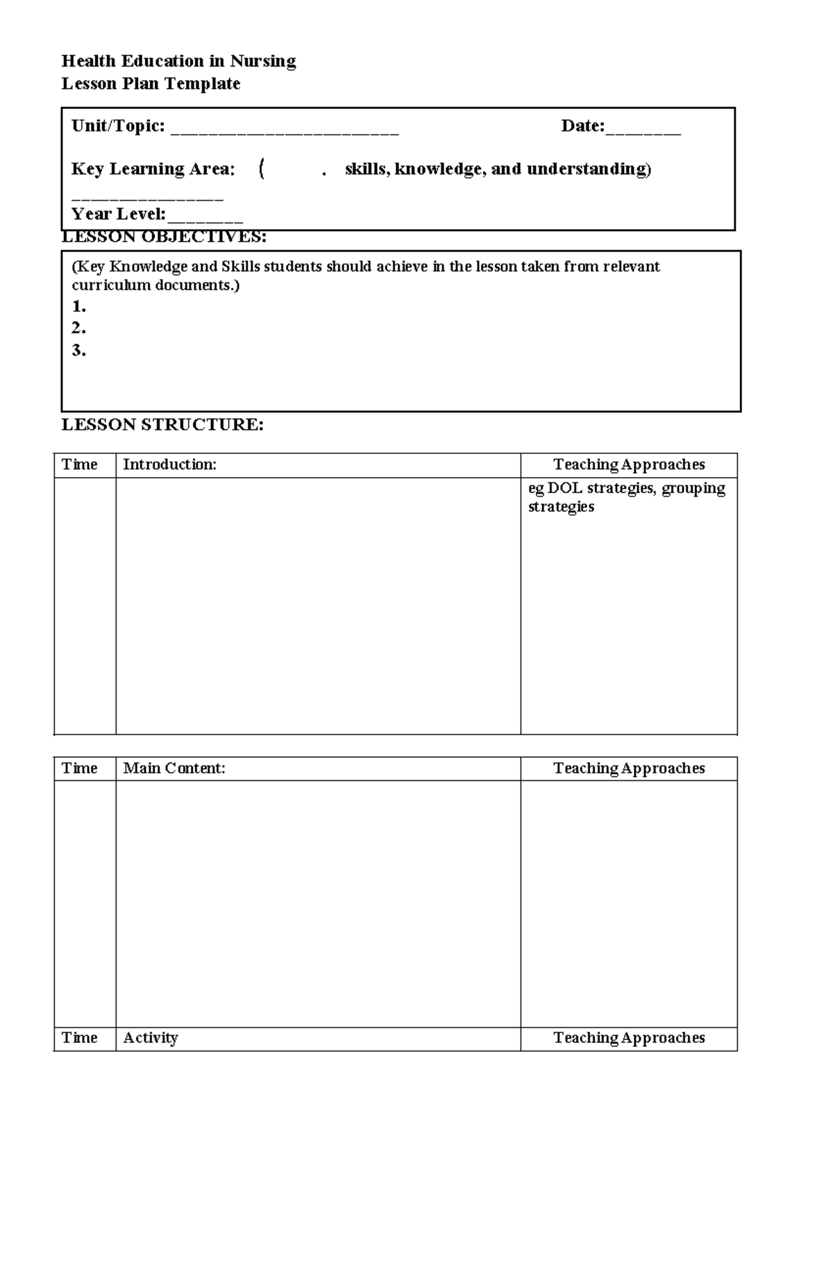 Teaching-plan-template - Health Education in Nursing Lesson Plan ...