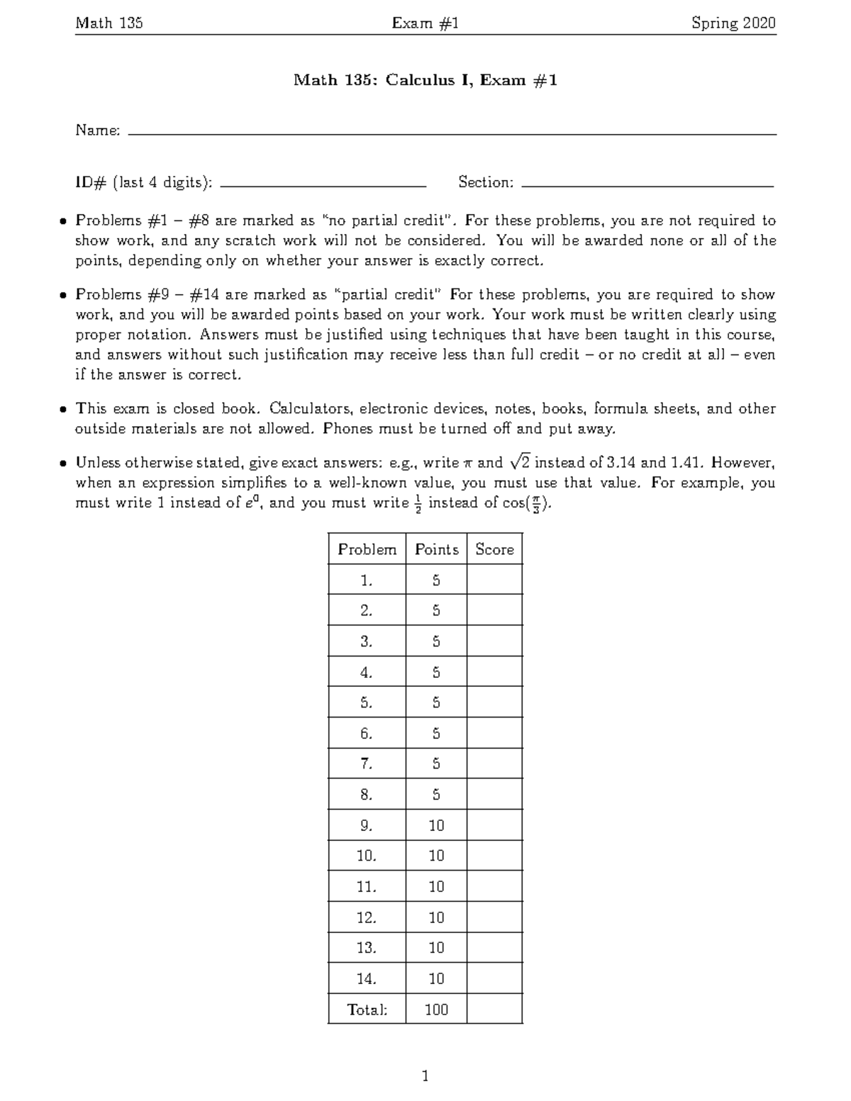 Math 135: Calculus I Spring 2020 Exam Practice Guide - Studocu