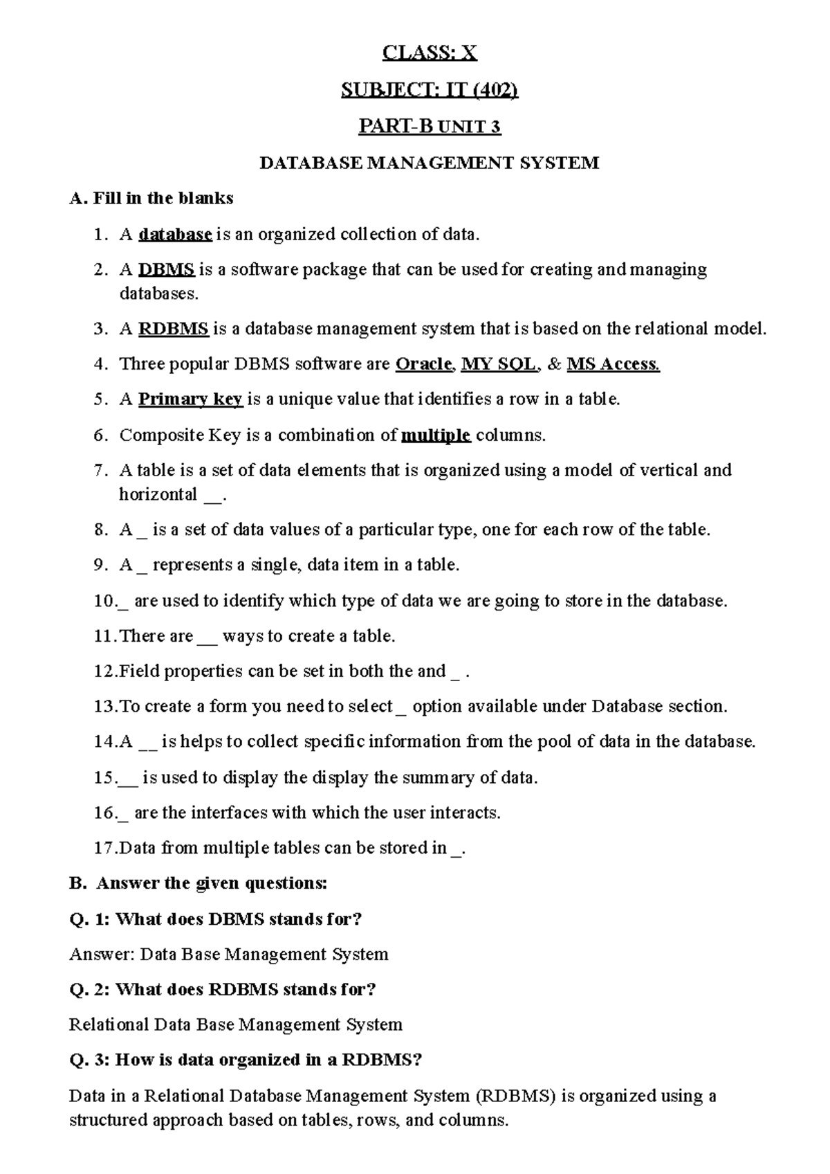 IT (402) CLASS X: Unit 3 Database Management System Notes - Studocu