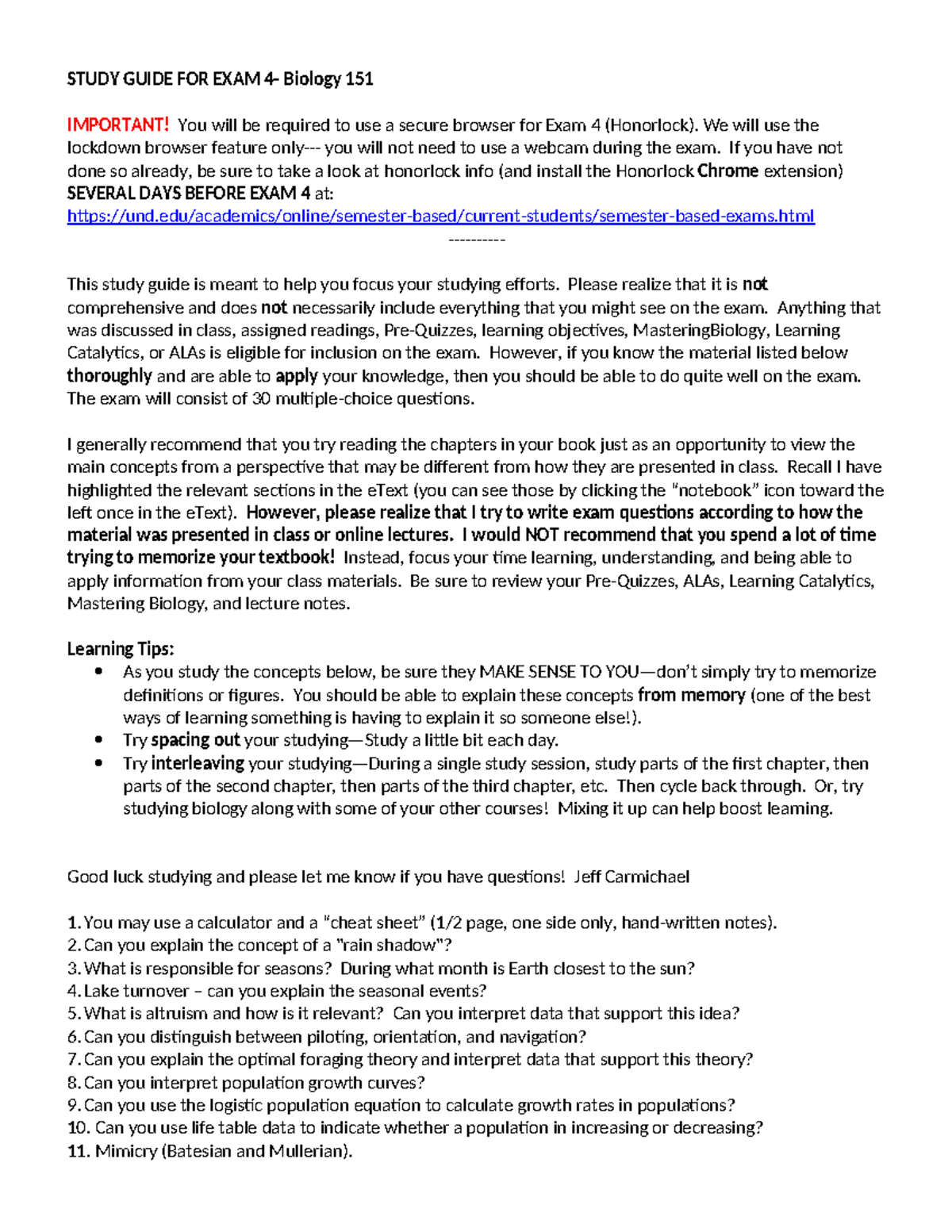 Biology 151 Exam 4 Study Guide: Key Concepts & Exam Prep Tips - Studocu