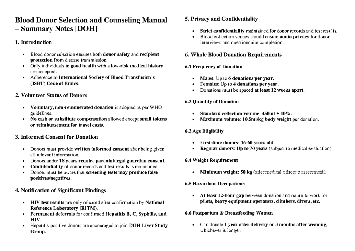 Blood Donor Selection Guidelines: Summary Notes [DOH] - Studocu