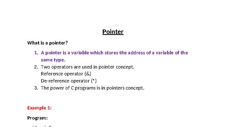 1. introduction - pointer - Pointer What is a pointer? 1. A pointer is ...