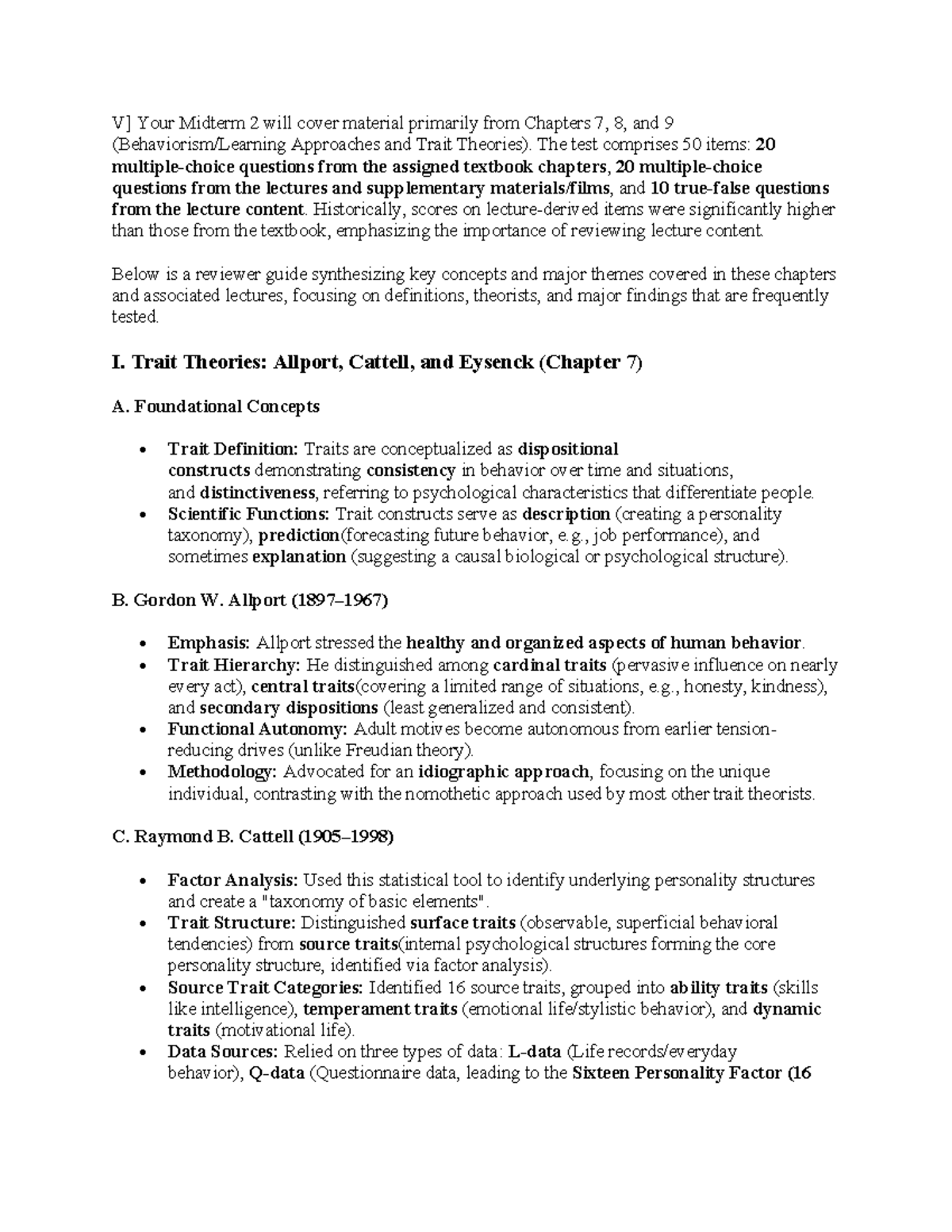 Midterm 2 Review: Trait Theories & Key Concepts (Chapters 7-9) - Studocu