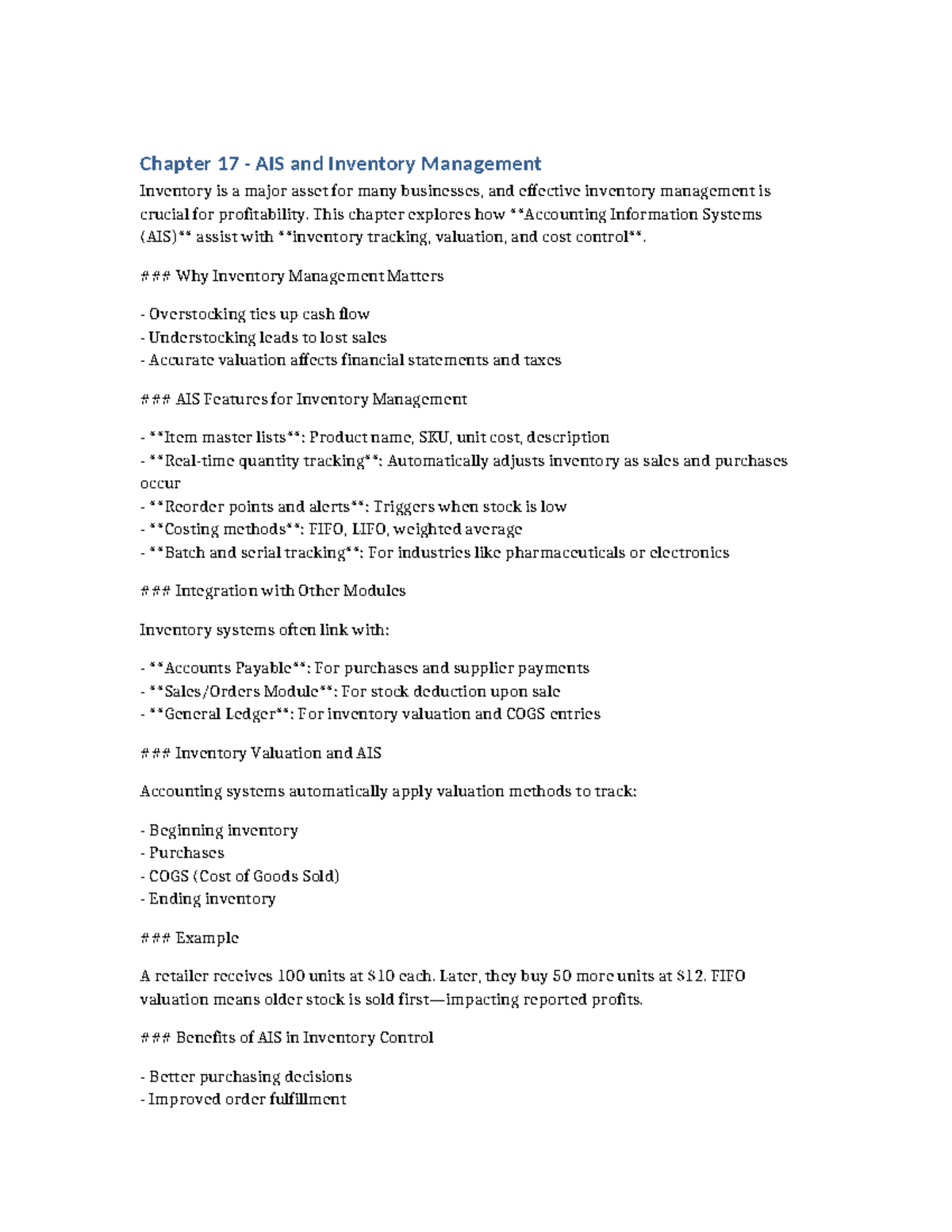 Chapter 17 - AIS & Inventory Management Insights - Studocu