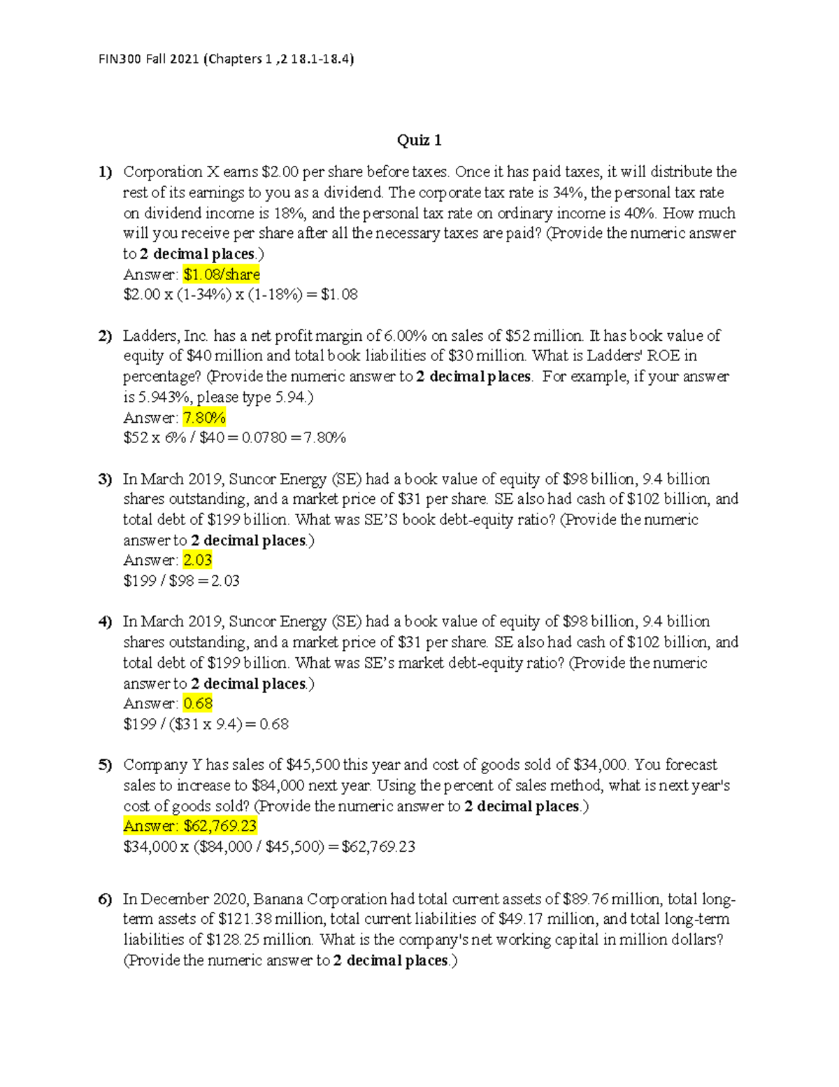 FIN3091 F2021 Quiz 1 practice answers - FIN300 Fall 2021 (Chapters 1 ,2 ...