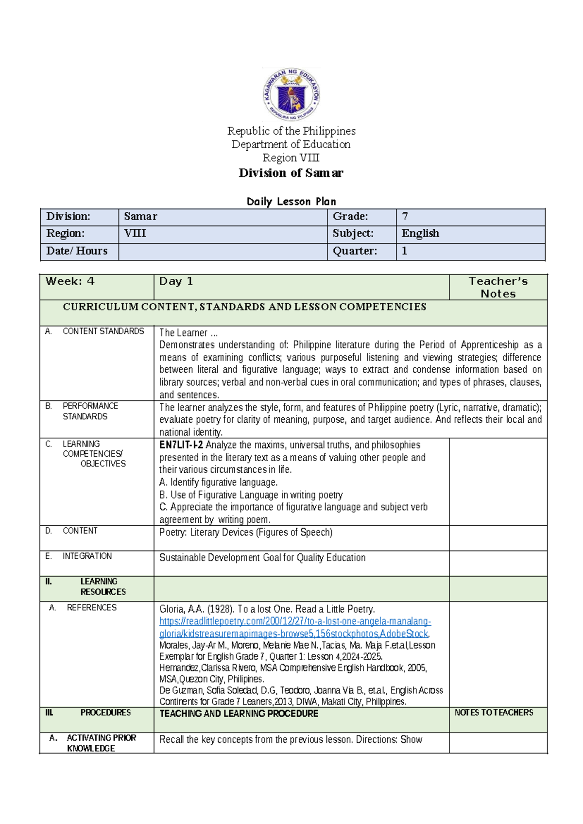Grade 7 English 1 Daily Lesson Plan: Figurative Language Focus - Studocu